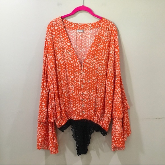 FP free people Intimately Ditsy Floral Bell Sleeve Button-Up Bodysuit Orange - Picture 6 of 6